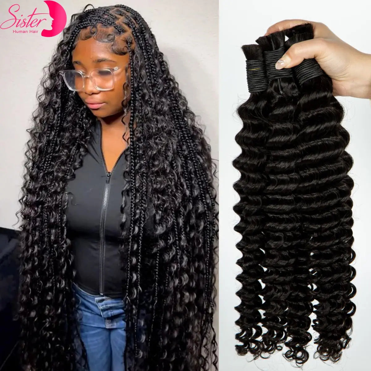 Deep Wave Bulk Human Hair for Boho Braids No Weft 100% Virgin Human Hair Bulk for Braiding Curly Extension Bundles for Women