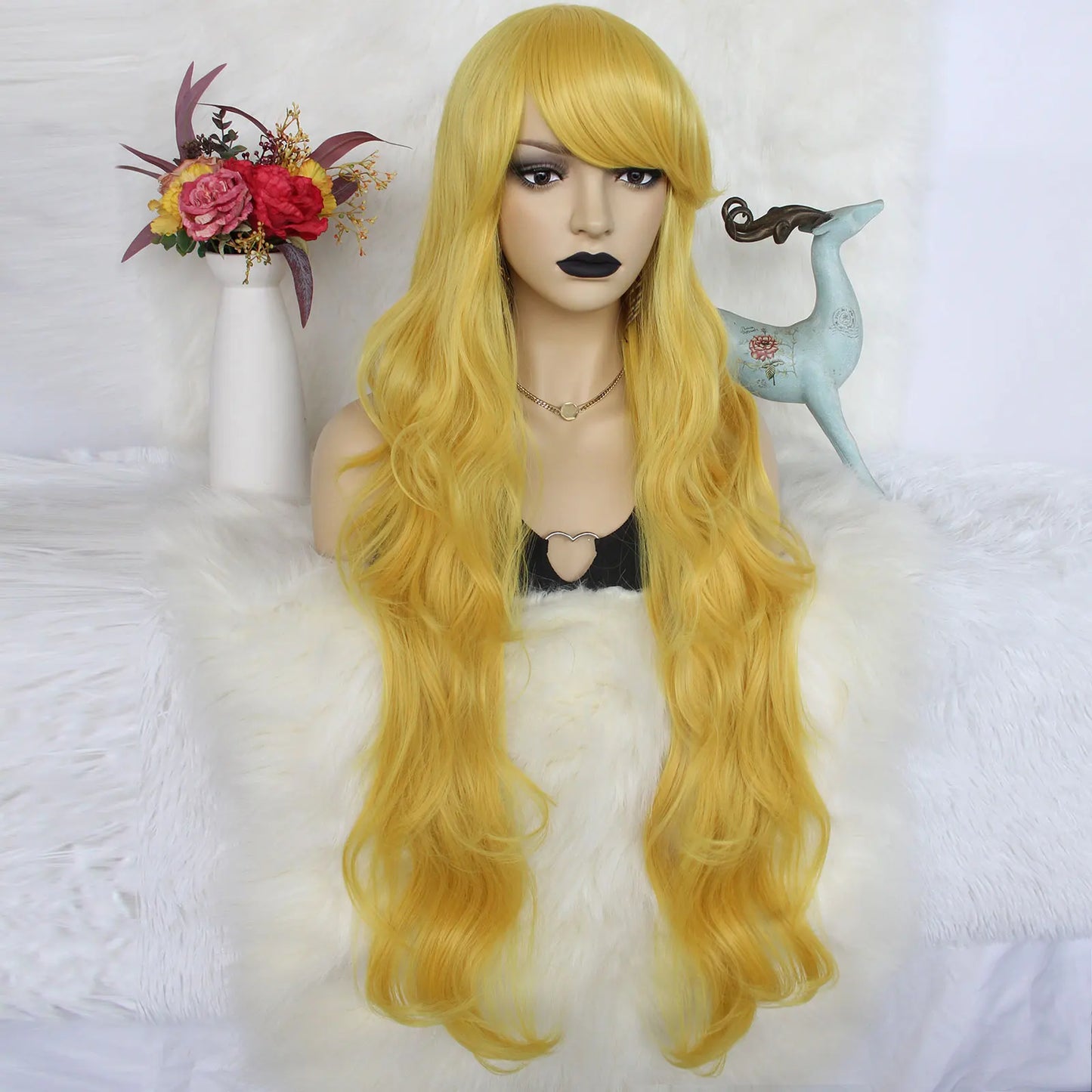 Synthetic hair 30 inches long yellow, loose body wavy and sexy wig with flat bangs, suitable for women's daily gatherings.