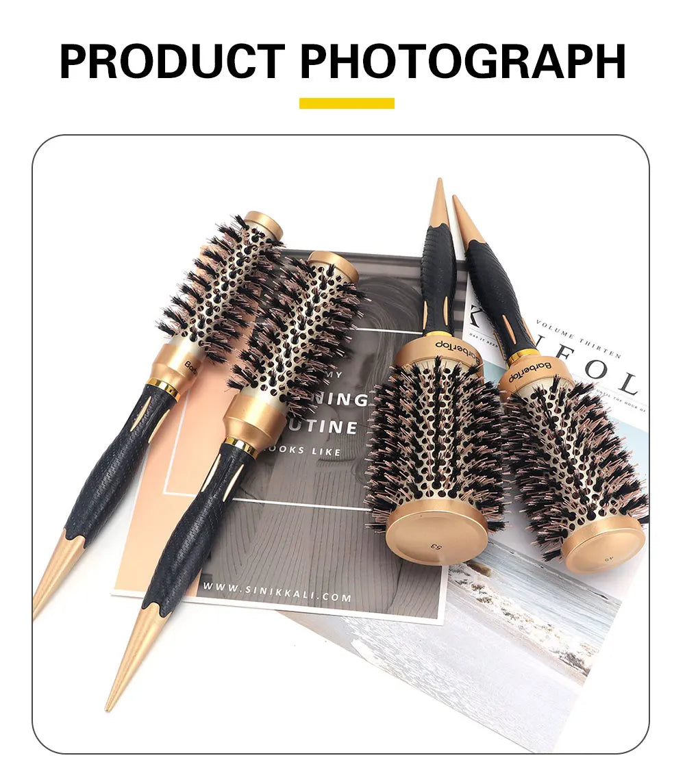New Handle Round Rolling Brush Straight Twill Hair Comb Boar Bristle Round Barrel Hair Curling Brush Hairdressing Styling Tool
