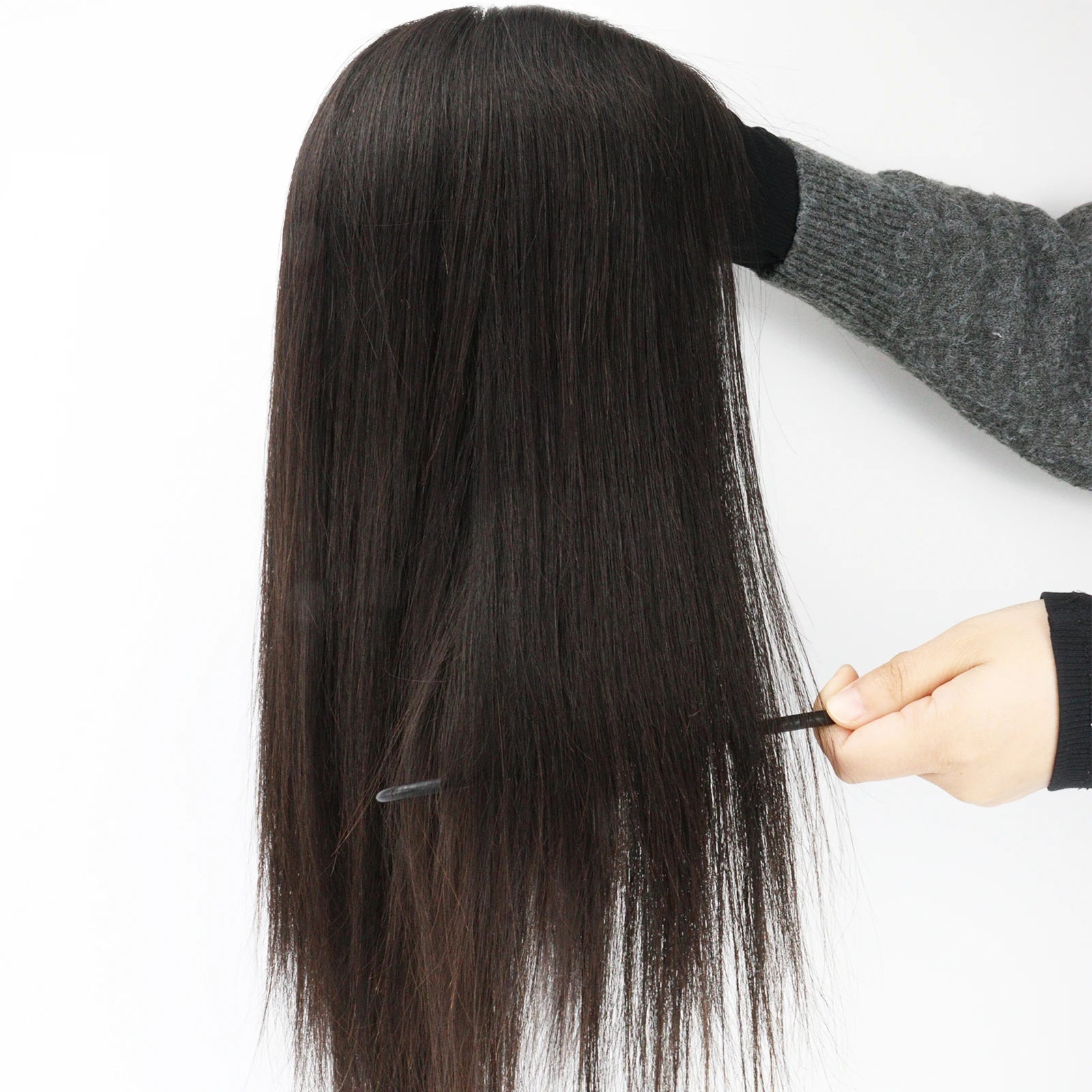 Full Lace Silk Base Wig with PU Front 18" Remy Human Hair Wig for Women Natural Black Silk Top Glueless Wig Natural Scalp