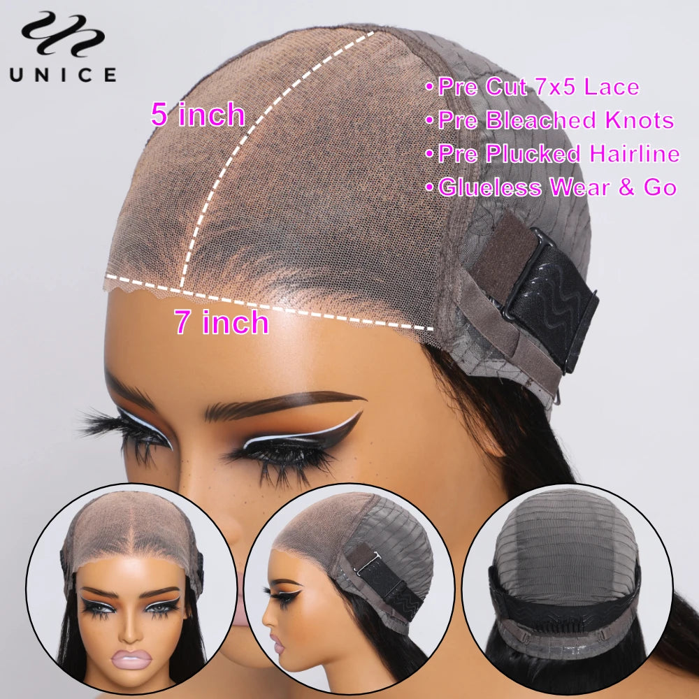 UNICE Hair Fluffy Loose Wave Wig With Curtain Bangs 7x5 Pre Cut Pre Bleached Glueless Wigs Human Hair Ready To Wear 180% Density