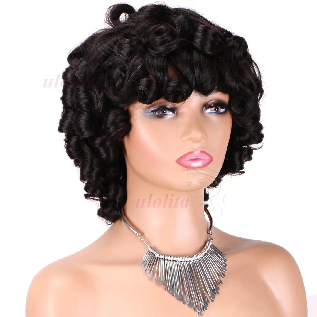 Bouncy Curly Human Hair Wig With Bangs Pixie Cut Bob Wigs Romance Curl Human Hair Wig Full Machine Made Scalp Wig For Women Wig