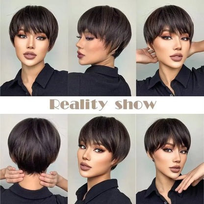 Fashion Short Straight with Bang Dark Brown Pixie Cut Wig for Women Hair Synthetic Heat Resistance Natural Looking for Daily Use