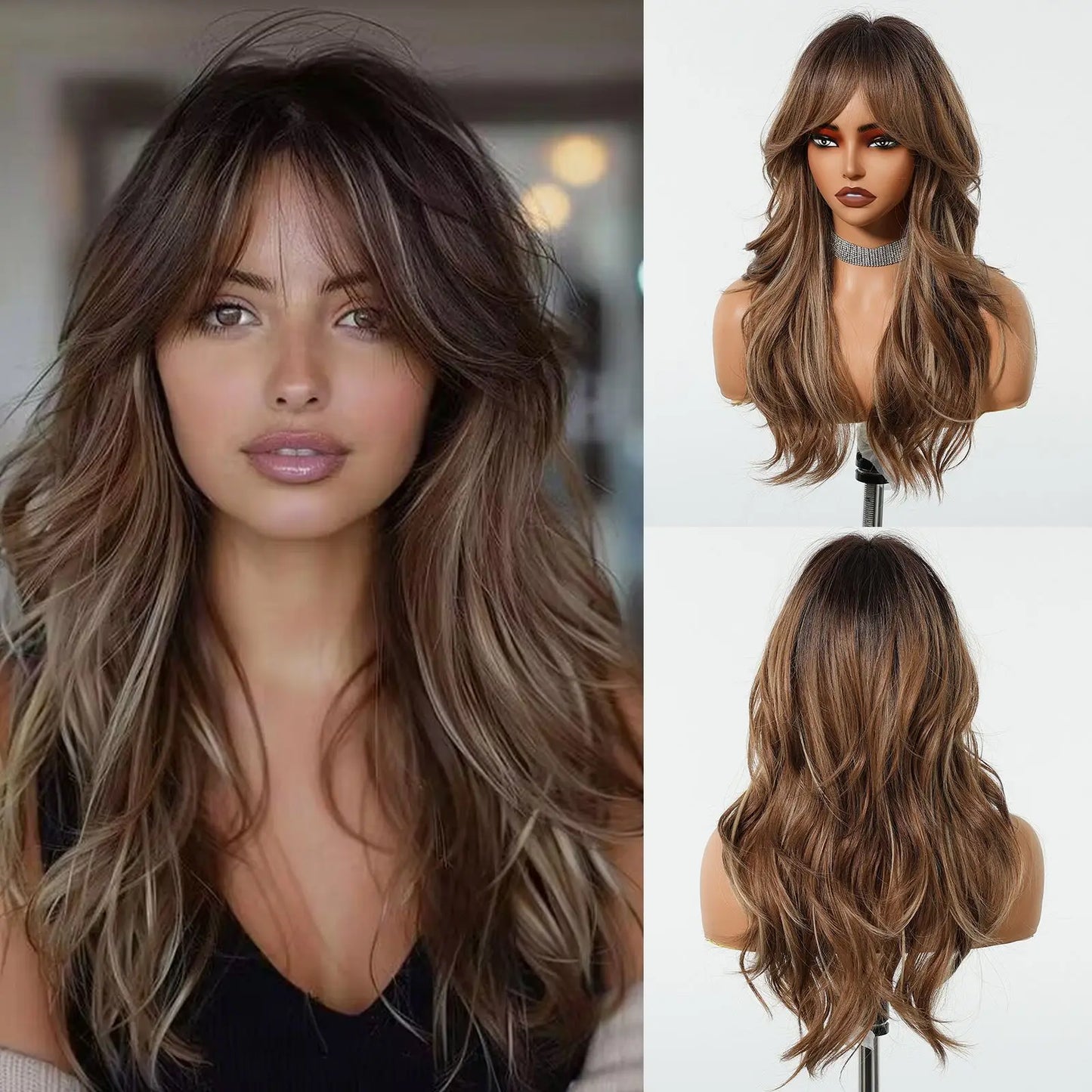 Brown Wavy Wigs for Women with Bangs Long Natural Synthetic Hair Wig Daily Cosplay Heat Resistant