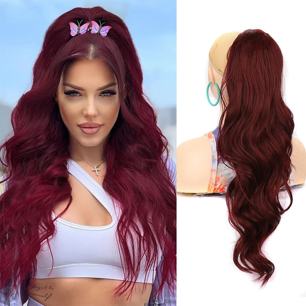 Ponytail Extension 24Inch Long Natural Wavy Drawstring Pony tail for Women Synthetic Heat Resistant Hairpiece for Daily Use part
