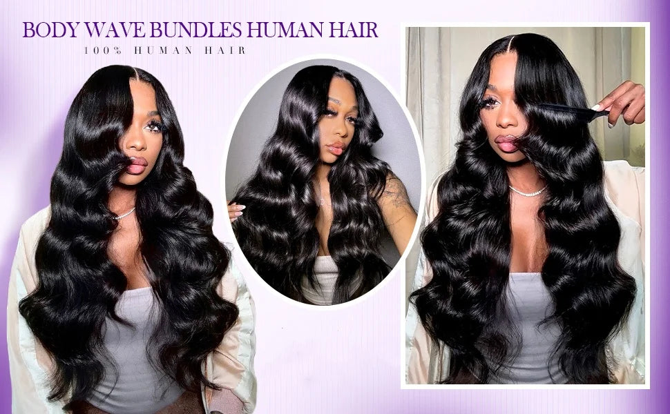 Human Hair Bundles with Closure Body Wave Brazilian Virgin Human Hair Weave 3 Bundles with 4x4 Lace Closure Natural Black Color
