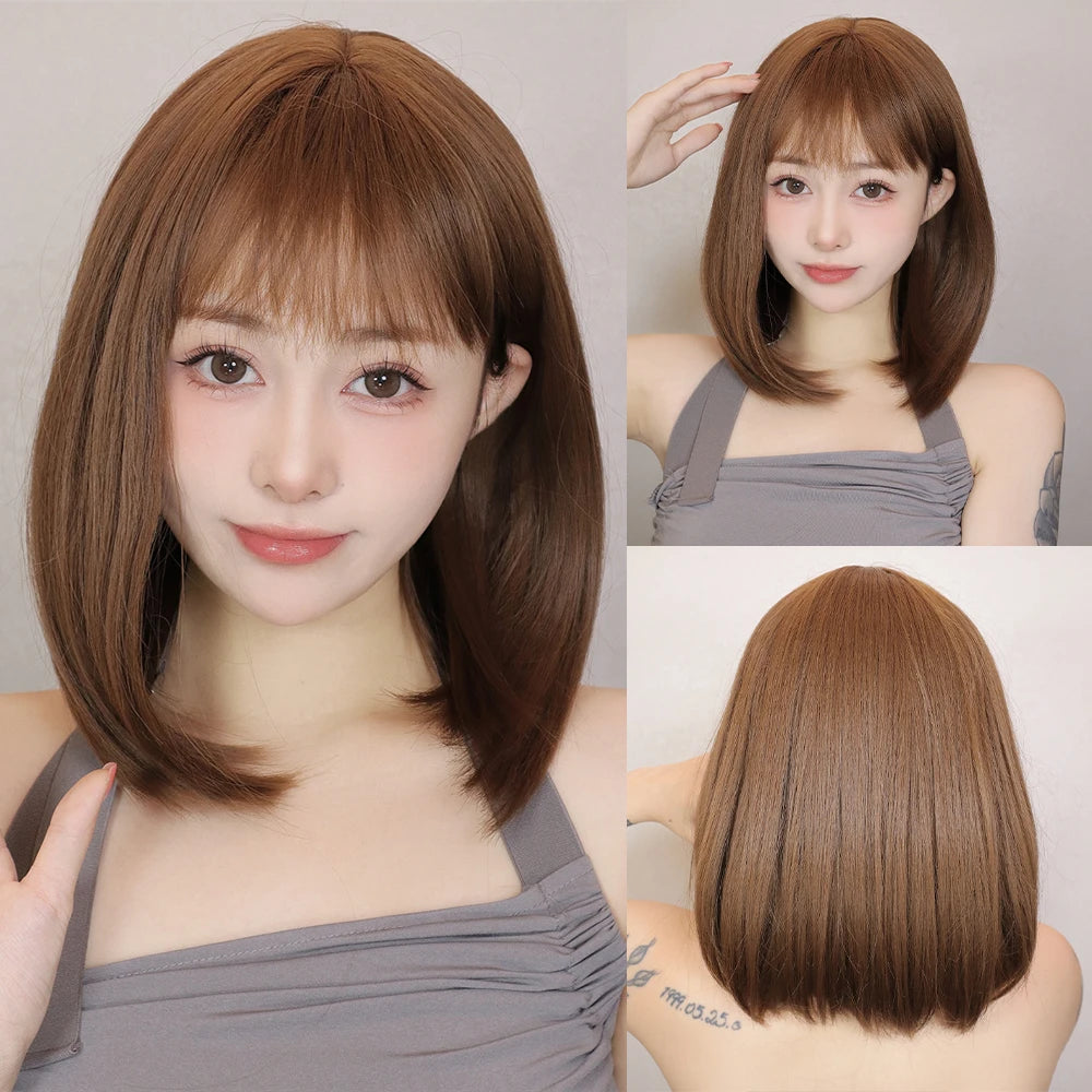Straight Bob Synthetic Wigs Dark Brown Hair with Bangs for Women Shoulder Length Wig Daily Use Heat Resistant Korean Hairstyle