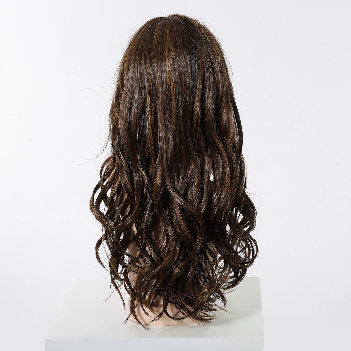 Long Wavy Curly Lace Front Synthetic Wigs for Women Brown With BLonde Highlights MONO Top Wigs Free Part Futura Wigs Glueless