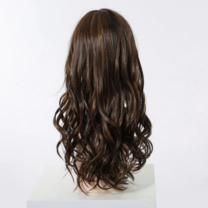 Long Wavy Curly Lace Front Synthetic Wigs for Women Brown With BLonde Highlights MONO Top Wigs Free Part Futura Wigs Glueless