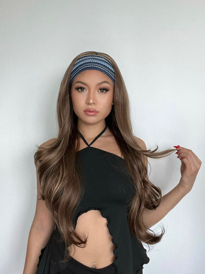 Long Headband Synthetic Wigs Natural Wavy Brown Highlight Headband Hair Wigs for Women Heat Resistant Cosplay Party Fake Hair