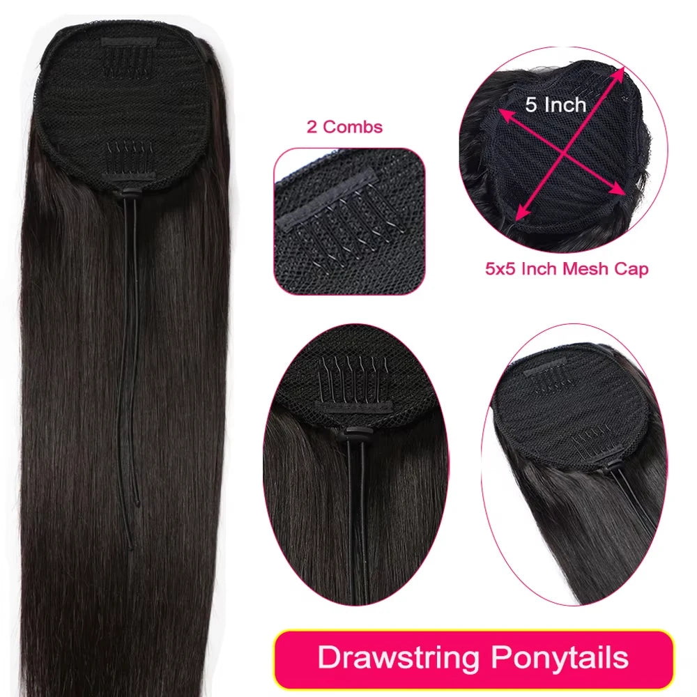 Ponytail Human Hair Extensions 30 32inch Straight Human Ponytail Drawstring & Wrap Ponytail 12A High Quality