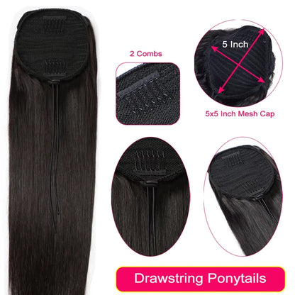 Ponytail Human Hair Extensions 30 32inch Straight Human Ponytail Drawstring & Wrap Ponytail 12A High Quality