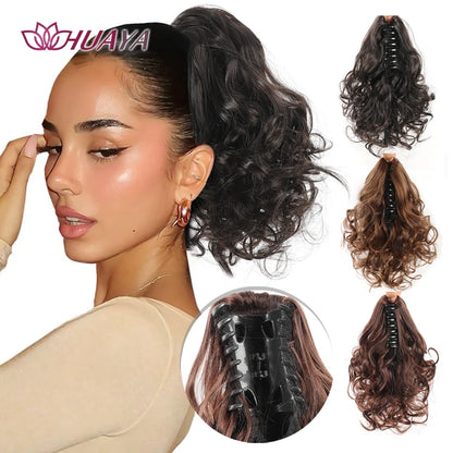Synthetic Ponytail Extension, 10" Short Claw Clip in Pony Tails Hair Extensions Curly Wavy Ponytail Hairpieces for Women Black