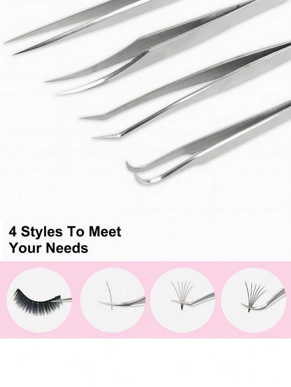 4PCS Eyelash Extensions Tweezers Set  Stainless Steel Tweezers for DIY Lash Extension and Removal Eyebrow Tweezers Nippers Eyela