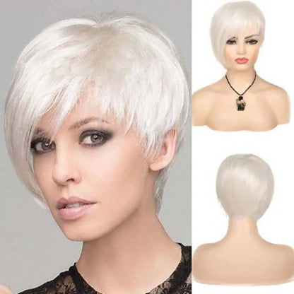Synthetic Women Short Straight White Wig with Bangs Pixie Cut Hair Wigs Heat Resistant Cosplay Halloween Party Costume
