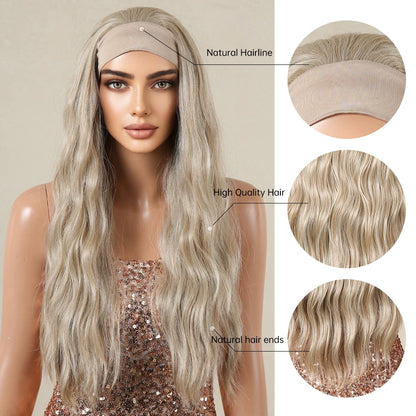 Long Curly Headband Synthetic Wigs Natural Ash Blonde Long Women's Headband Wig Body Wave Bohemian Hair Wig For Women Daily Use