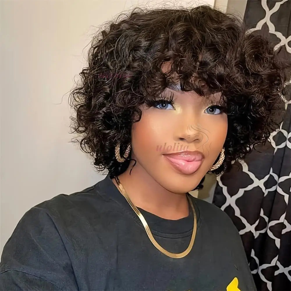 Bouncy Curly Human Hair Wig With Bangs Pixie Cut Bob Wigs Romance Curl Human Hair Wig Full Machine Made Scalp Wig For Women Wig