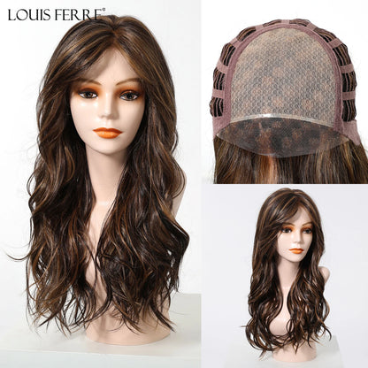 Long Wavy Curly Lace Front Synthetic Wigs for Women Brown With BLonde Highlights MONO Top Wigs Free Part Futura Wigs Glueless