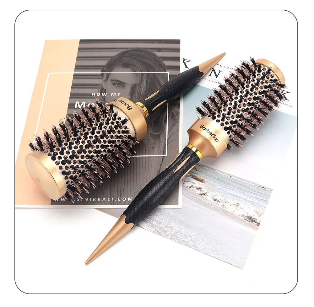 New Handle Round Rolling Brush Straight Twill Hair Comb Boar Bristle Round Barrel Hair Curling Brush Hairdressing Styling Tool