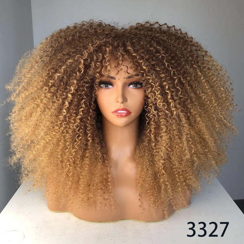 Afro Curly Wigs With Bangs For Black Women Burgundy Wig Synthetic Wine Red Hair Ombre Brown Blonde Cosplay Wig