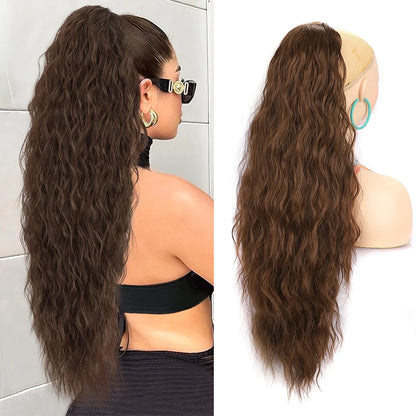 Ponytail Extension 30 Inch Extra Long Drawstring Wavy Curly Ponytails Black Brown Synthetic Fiber Fake Hair piece for Women