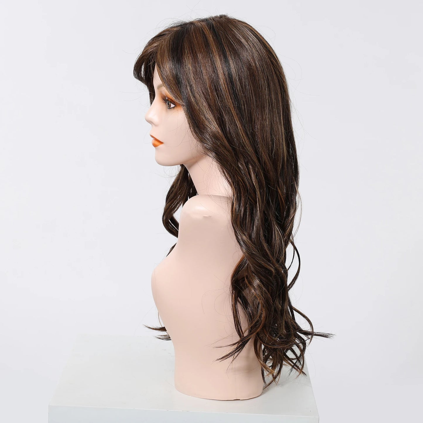 Long Wavy Curly Lace Front Synthetic Wigs for Women Brown With BLonde Highlights MONO Top Wigs Free Part Futura Wigs Glueless