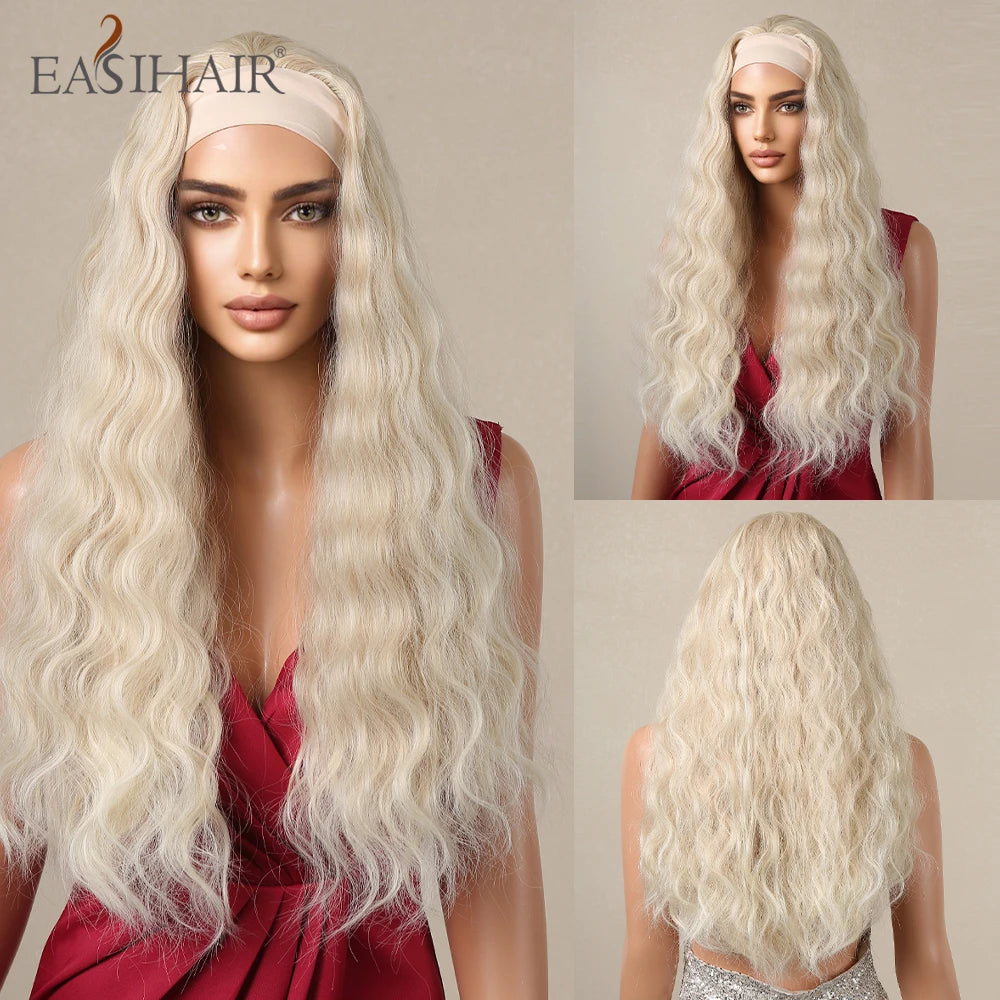 Long Headband Synthetic Wigs Natural Wavy Brown Highlight Headband Hair Wigs for Women Heat Resistant Cosplay Party Fake Hair