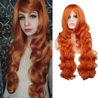 Long Wavy Cosplay Wigs For Women Party Costume Black White Red Pink Blue Blonde Orange Synthetic Hair Wigs with Bangs