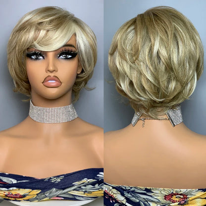 Wavy No Lace Human Hair Wig F8/60# Pixie Cut Wig Short Wig With Bangs Human Hair Wigs For Women Natural Look and Style