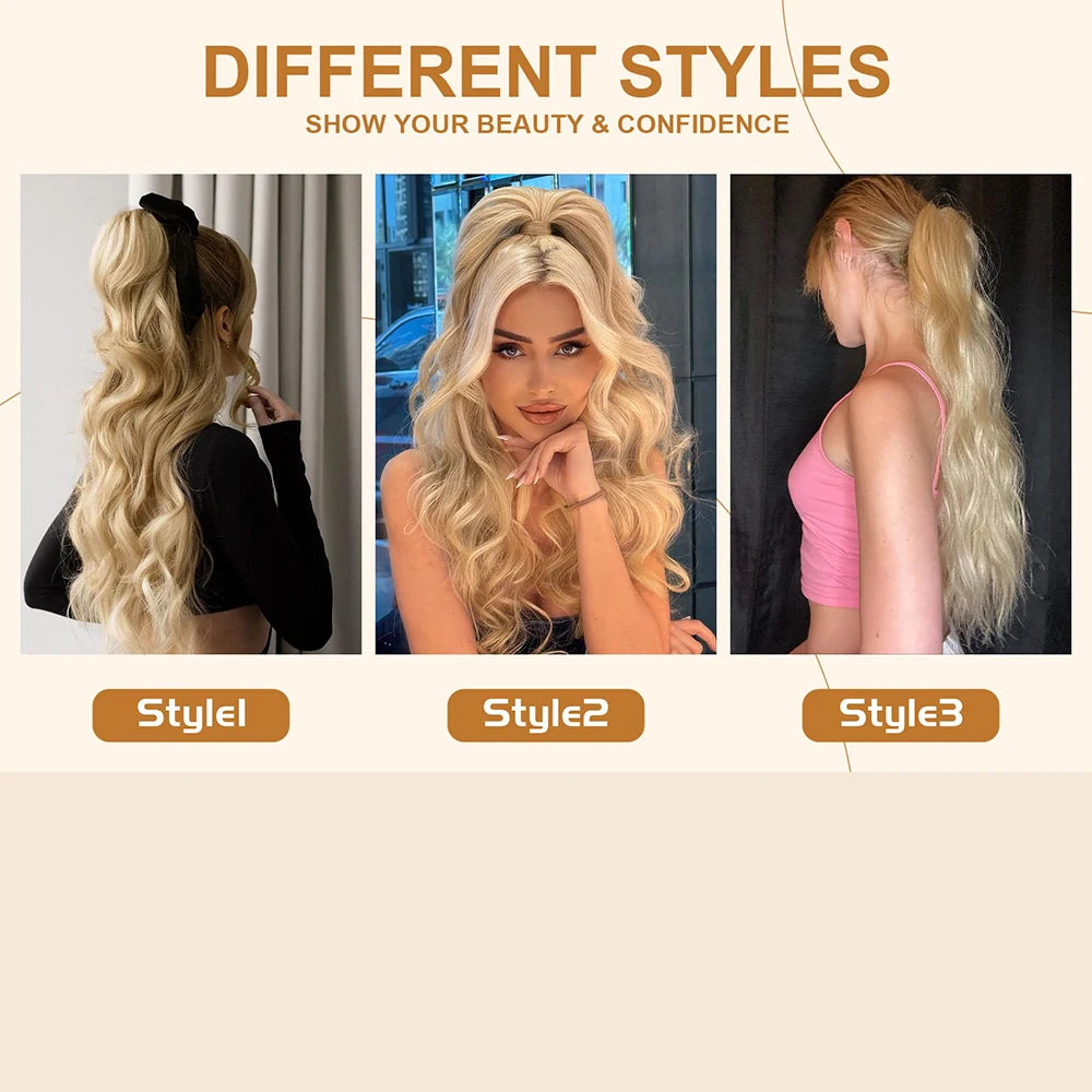 Ponytail Extension 24Inch Long Natural Wavy Drawstring Pony tail for Women Synthetic Heat Resistant Hairpiece for Daily Use part