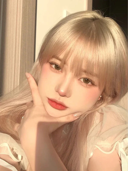 Whtie Wig with Bangs Long Straight Cosplay Wig for Party Fashion Lolita Headband Synthetic Wigs for Women