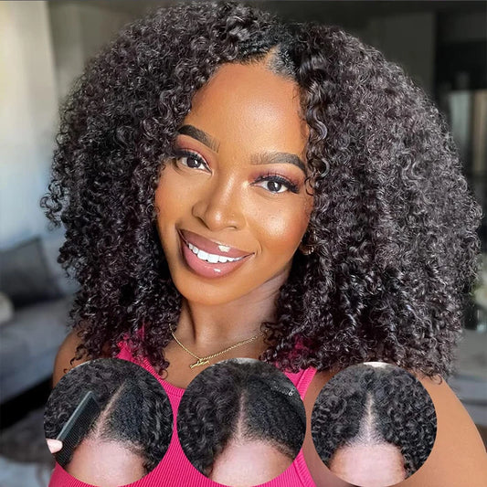 Mongolian Afro Kinky Curly Human Hair V Part Wig Natural Black 180 200 Density For Black Women Machine Made Remy Hair V-part
