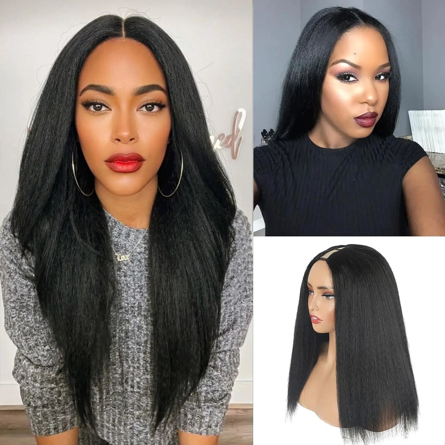 Synthetic U Part Wigs for Black Women Yaki Straight Wigs Natural Color Kinky Straight U-part wigs Hair Extension Clip