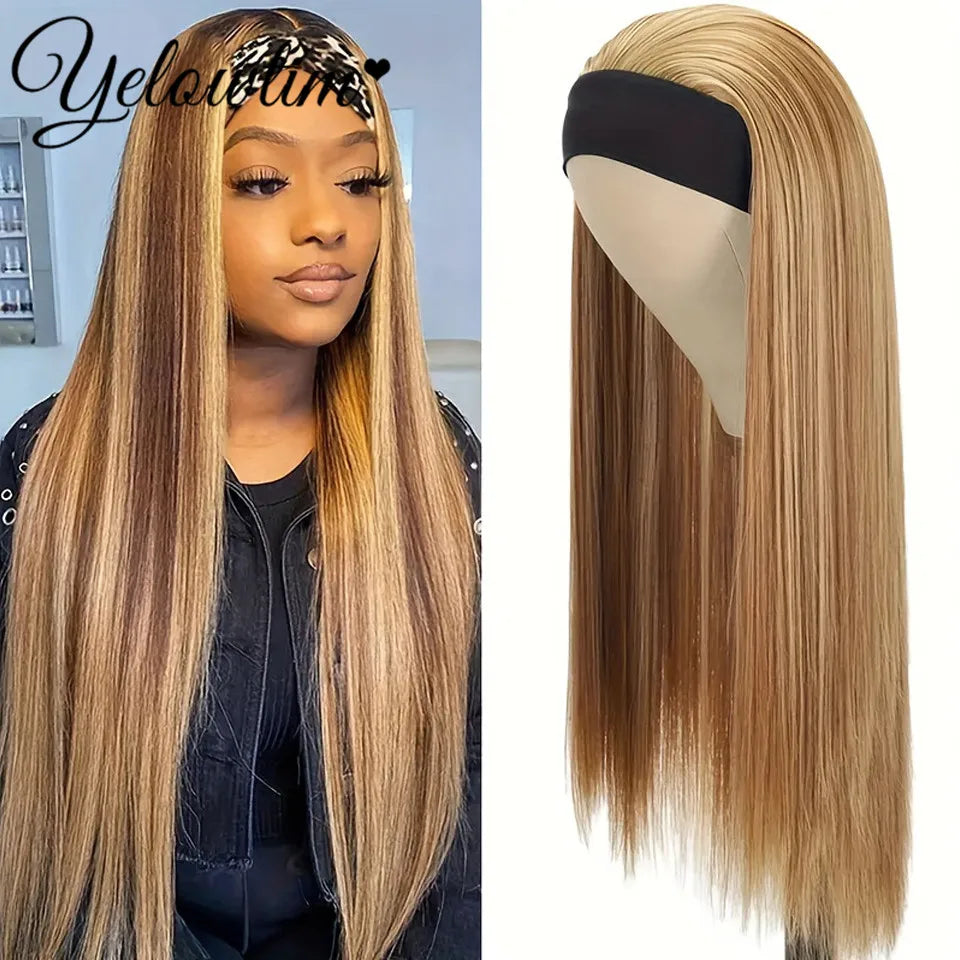 32inch Headband Wig Straight Hair Wig Women Brown High Gloss Synthetic Headband Wig gold mixed color