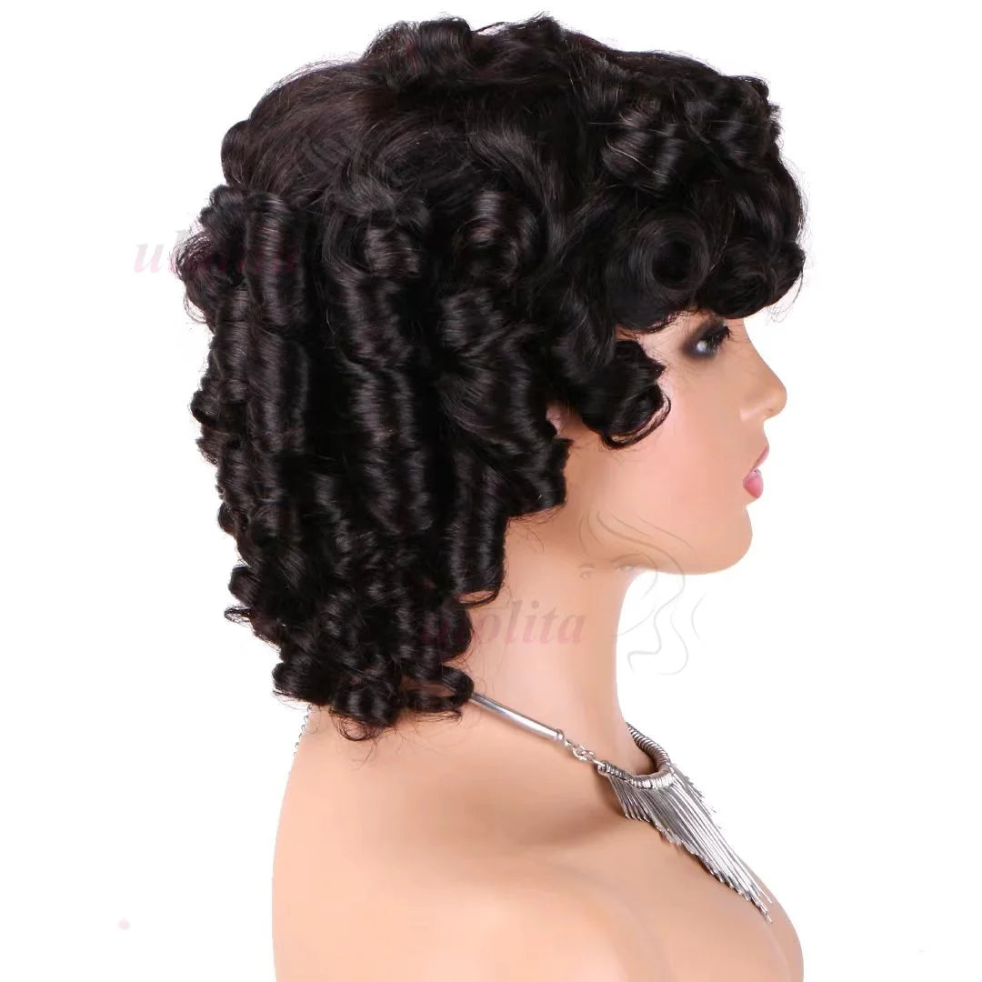 Bouncy Curly Human Hair Wig With Bangs Pixie Cut Bob Wigs Romance Curl Human Hair Wig Full Machine Made Scalp Wig For Women Wig