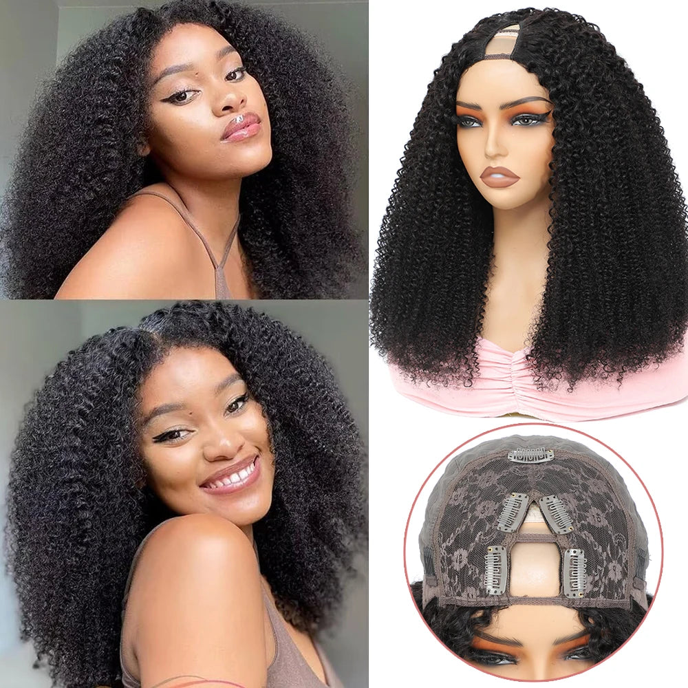 Mongolian Afro Kinky Curly Human Hair V Part Wig Natural Black 180 200 Density For Black Women Machine Made Remy Hair V-part