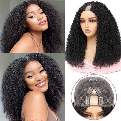 Mongolian Afro Kinky Curly Human Hair V Part Wig Natural Black 180 200 Density For Black Women Machine Made Remy Hair V-part