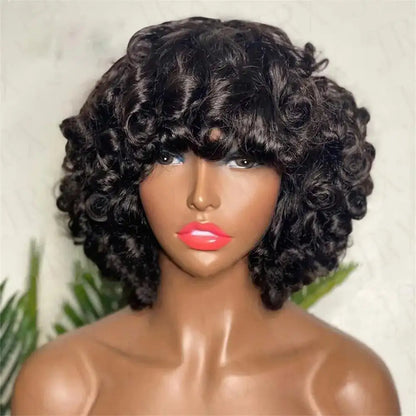 Bouncy Curly Human Hair Wig With Bangs Pixie Cut Bob Wigs Romance Curl Human Hair Wig Full Machine Made Scalp Wig For Women Wig