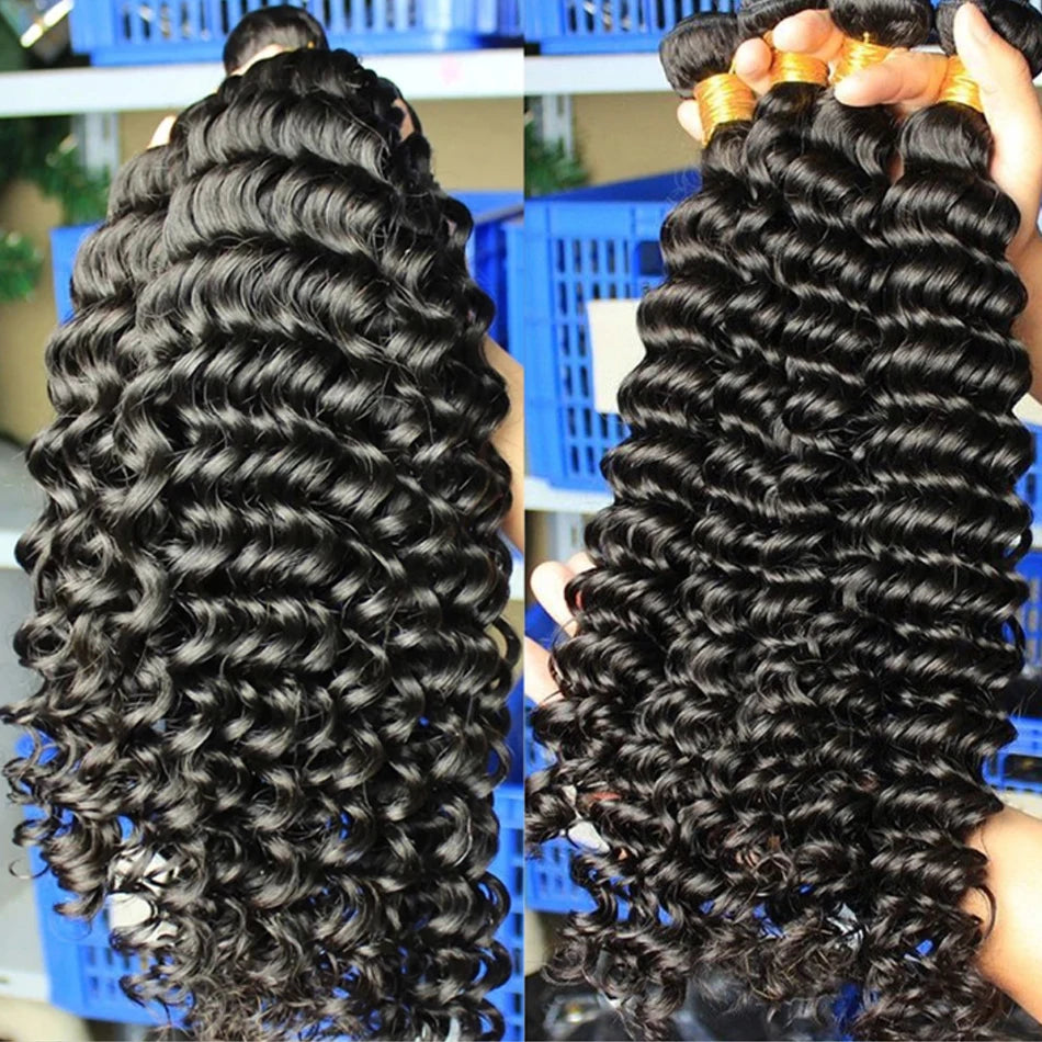 Deep Wave Bundles With Frontal Brazilian Virgin Human Hair 3 4Bundles Add 4x4 Lace Closure for Black Women Natural Color 30 inch