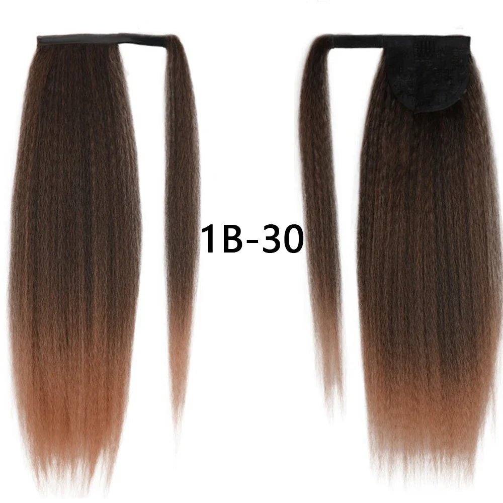 Synthetic Long Kinky Straight Ponytail Extension for Black Women Yaki Wrap Arpund Hair 24 Inch Clip in Magic Paste Black Tail