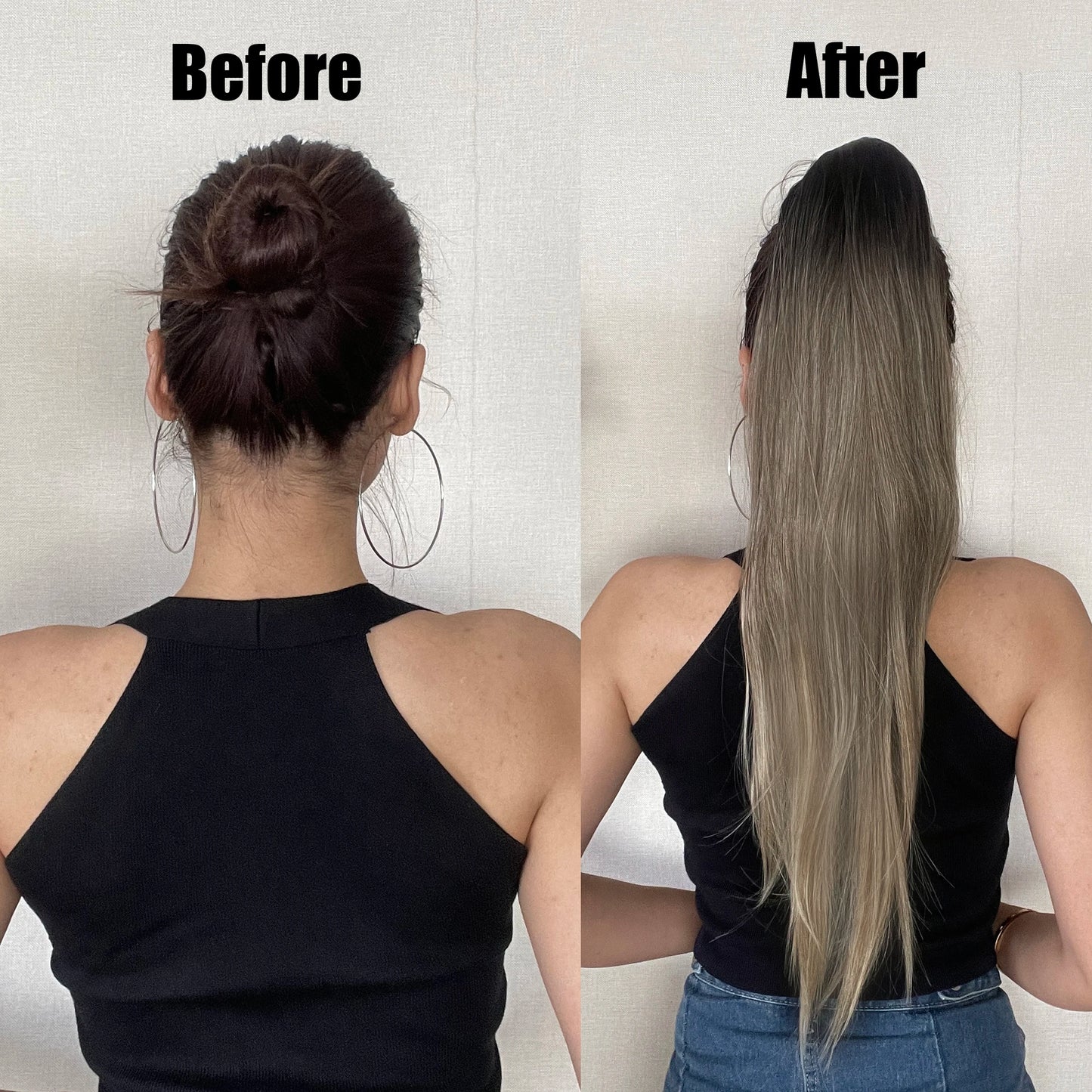 Ponytail Hair Extension Brown Ombre 24inch Long Straight Drawstring Ponytail Natural Pony Tail Synthetic Hairpiece for Women