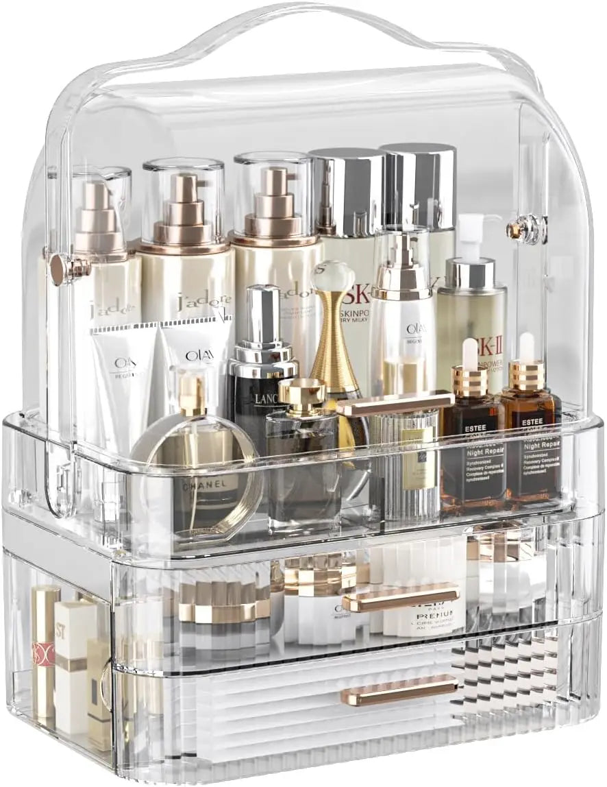 Cosmetics Storage Box With Lid and Handle Large Makeup Organizer Box Drawers for Skincare Display Cases Countertop, Bathroom