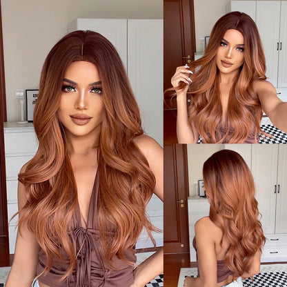 Long Wavy Synthetic Wigs for Women Red Brown Curly Fake Hair Wigs With Bangs Daily Use Party Heat Resistant Wavy Hair Wig