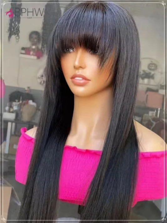 Straight Wig Brazilian Wigs 100% Virgin Hair Human Hair Wigs With Bangs Full Machine Made 180% Density Wigs Human Hair BPHW Hair
