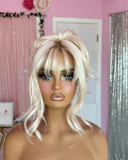 Natural Fringe Bouncy Wavy Synthetic Wig with Bangs White Blonde Icy Dark Roots High Quality Futura Fibre Lace Top Wig Women