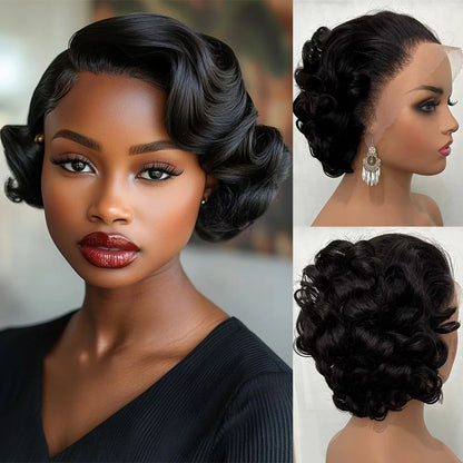 100% Vietnamese Hair Short Pixie Cut Wigs For Black Women 8" Ombre Wavy Hair Wigs Pixie Cut Bouncy Curly 13x4 Lace Frontal Wigss