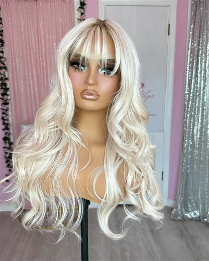Natural Fringe Bouncy Wavy Synthetic Wig with Bangs White Blonde Icy Dark Roots High Quality Futura Fibre Lace Top Wig Women
