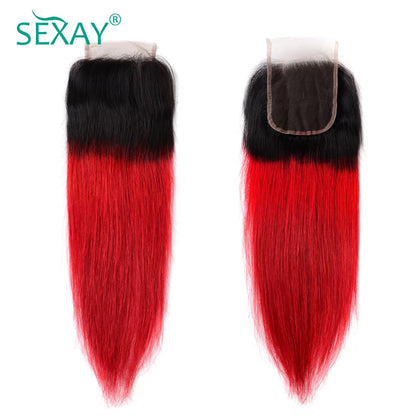 1B Red Bundles With Closure Baby Hair Ombre Straight Human Hair Weave 3 Bundles With 4x4 Transparent Lace Closure Pre Plucked