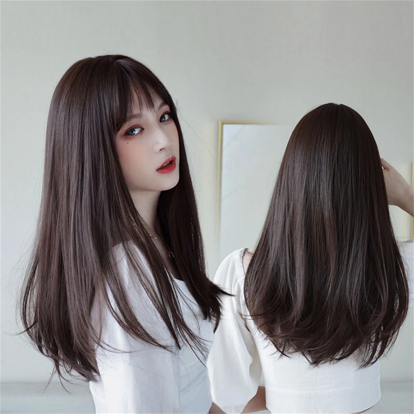 Long Straight Synthetic Wig with Bangs Dark Black Hair Wigs for Women Cosplay Natural Hair Wigs Party Heat Resistant