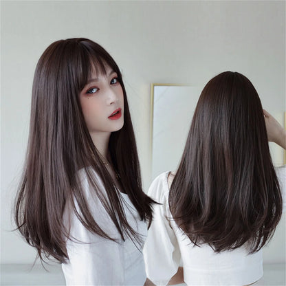 Long Straight Synthetic Wig with Bangs Dark Black Hair Wigs for Women Cosplay Natural Hair Wigs Party Heat Resistant